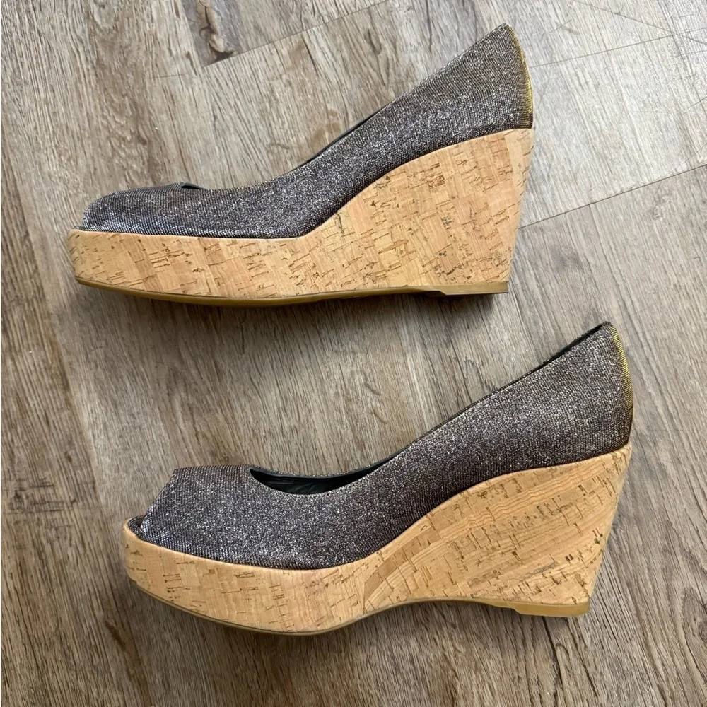 Stuart Weitzman • Anna Metallic Peep Toe Cork Platform Wedge Heels